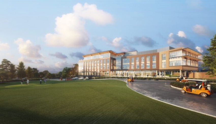 The Nieri Family Alumni and Visitors Center, scheduled to open in spring 2025, features 98,000 square feet over five floors with two event spaces. (Rendering/Goodwyn, Mills and Cawood)